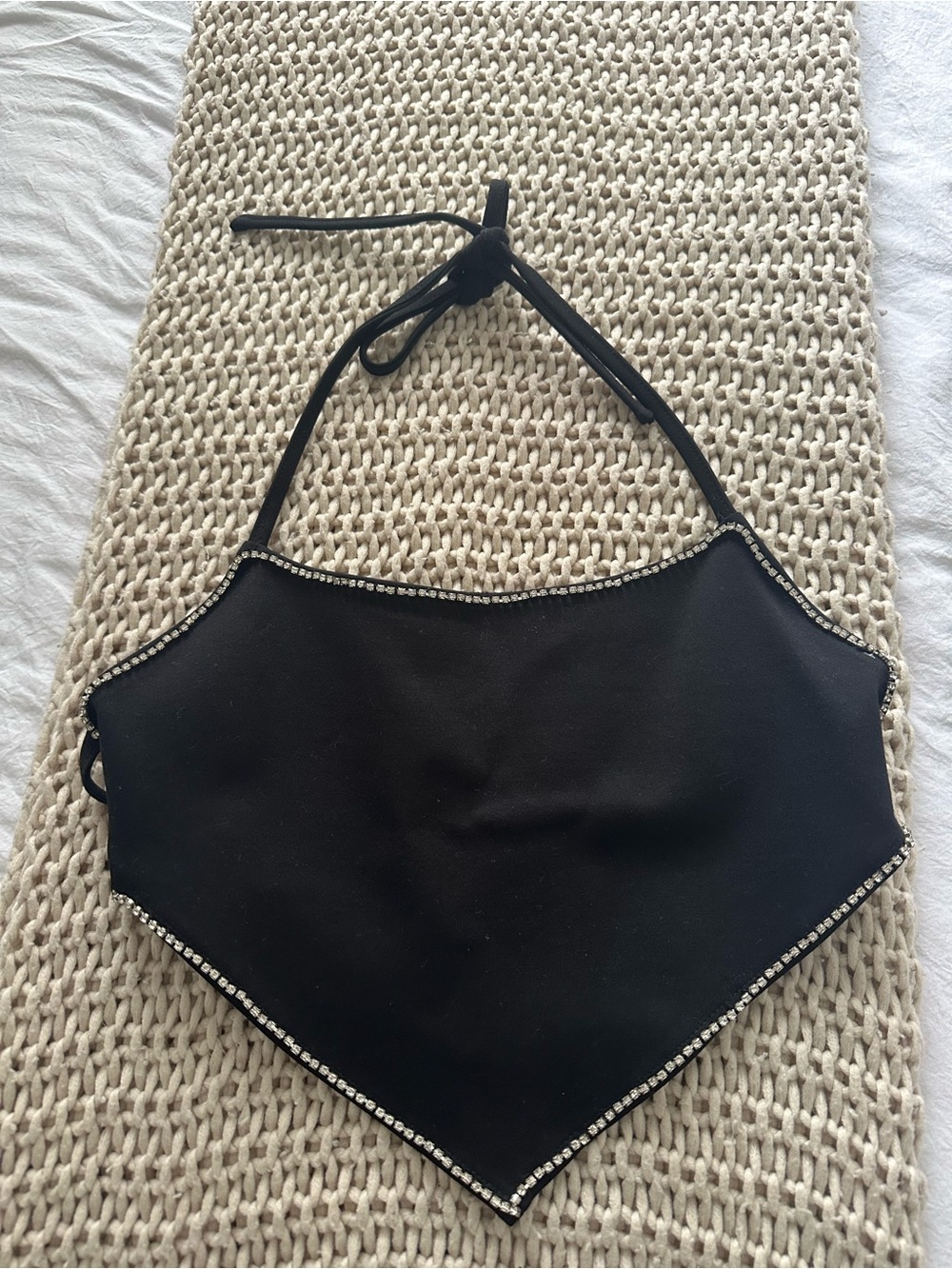superdown Black Rhinestone-Trim Halter Crop Top